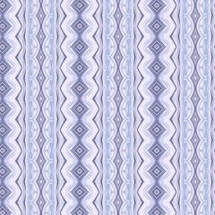 Symmetrical vertical pattern with alternating geometric and ornamental stripes. Abstract design in blue and purple