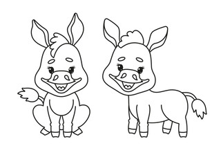 Cute Donkey Front and Profile Cartoon Vector Coloring Set