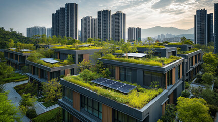 Modern, eco-friendly cityscape showcasing buildings with lush green rooftops, integrating sustainable architecture and urban greenery