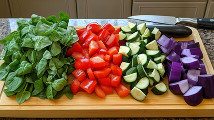 Multicolored vegetables laid out on a kitchen counter, healthy cooking ingredients