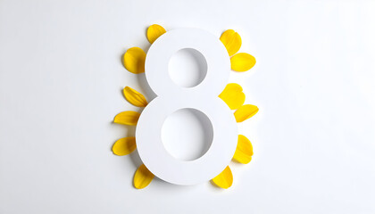White Number Eight with Yellow Flower Petals on White Background