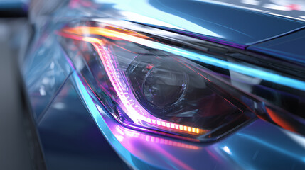 Car front headlight with vibrant RGB lighting, showcasing modern automotive design and colorful illumination for a sleek, futuristic look and dynamic visual impact.