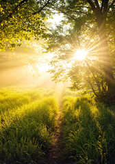Sun shining through the trees. Sunlit path in the middle of a summer forest. Vertical colorful landscape illustration