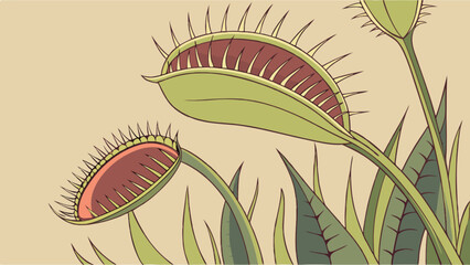 Illustration of several venus flytraps with open traps and spiky edges on a light background © Zia