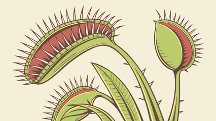 Illustration of three venus flytraps with open traps exposing red interiors and spiky edges © Zia