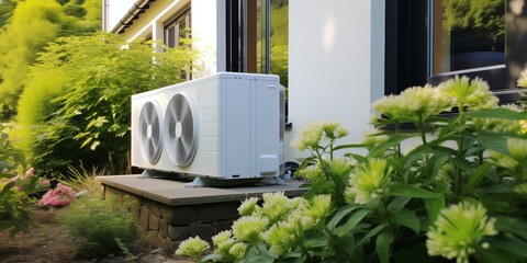 Residential HVAC unit in landscaped backyard setting. Air conditioning system, climate control equipment on green grass