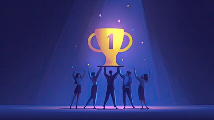 Team holds trophy, celebrating victory