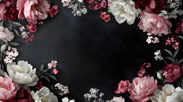 un dise&ntilde;o de un marco de flores en color rosa y blanco de estilo peonias sobre un fondo negro liso con espacio de copia elegante para tarjeta o invitacion plantilla para dise&ntilde;o 