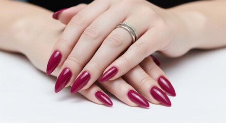 Fototapeta premium Elegantly manicured hands with long, pointed nails painted in a glossy deep burgundy color.