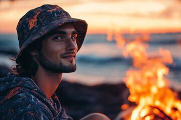 Man at sunset beach bonfire party wearing floral bucket hat, summer travel celebration vibe, generative ai image