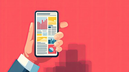 Hand holding smartphone with data graphics