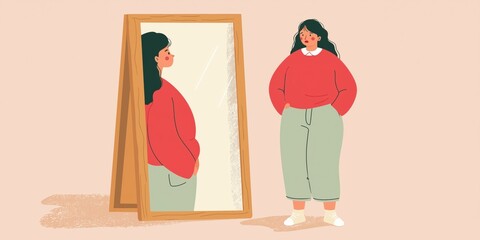 Illustration of a woman standing in front of a mirror, seeing herself as overweight, symbolizing body image issues, self-perception, and mental health awareness.