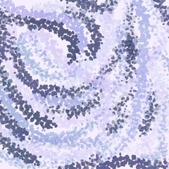 Pointillist abstract spiral pattern in shades of blue and purple on a light background