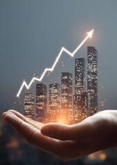 Business growth metaphor with urban skyline, rising finance lines, and corporate hand