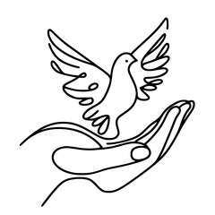 Naklejka premium Hand holding a dove in a continuous line illustration for peace day 