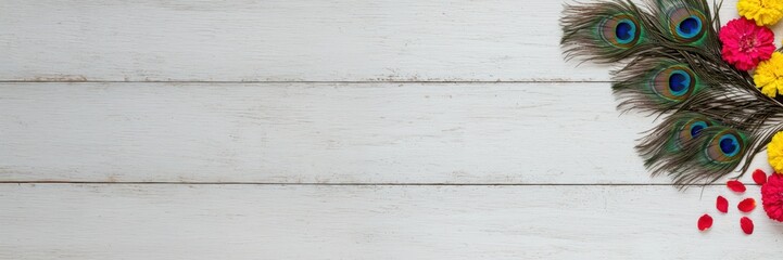 Obraz premium Peacock feathers and holiday flowers frame on white wooden table top. Beautiful Hindu festive floral border for krishna celebration with empty space. Decorative background for Lord Krishna festival.