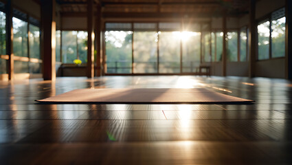 Fototapeta premium Serene yoga studio with sunlit wooden floor and mat