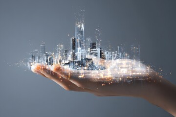 Obraz premium Cartoony smart city HUD pop in open palm