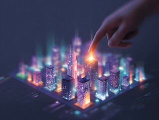 Digital isometric dashboard glowing above city and hand