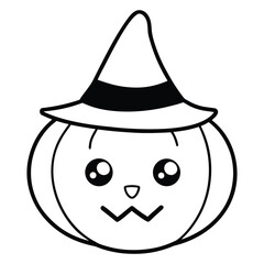 Charming kawaii pumpkin face illustration with simple clean black outlines perfect for halloween and autumn themes