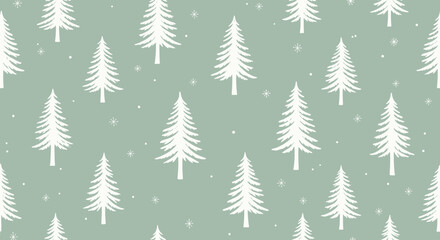 Winter tree pattern with white firs on a pastel green background  