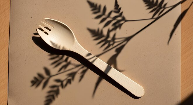 Minimalist wooden Spork with plant shadow, combining spoon and fork with nature aesthetic - Powered by Adobe