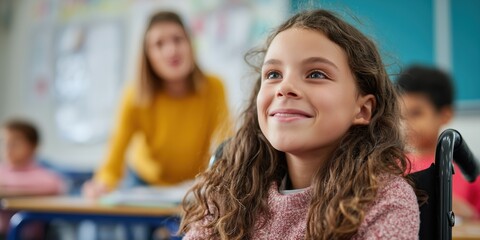 Happy schoolgirl in a wheelchair participating in a classroom activity, smiling confidently while learning, with teacher and classmates in the background, symbolizing inclusion and education for all.