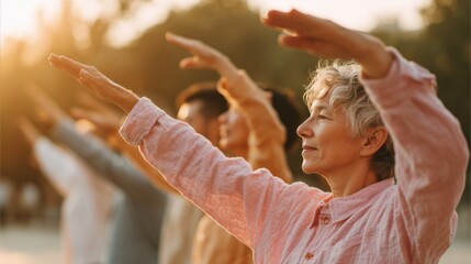 Obraz premium Happy senior man sitting outdoors on a yoga mat during a sunny day, practicing relaxation and mindfulness, smiling peacefully with blurred people and palm trees in the background, concept of healthy 