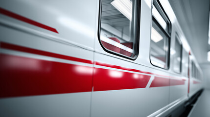 White train carriage with a bold red stripe, showcasing modern transportation design and clean lines in a minimal, professional setting.