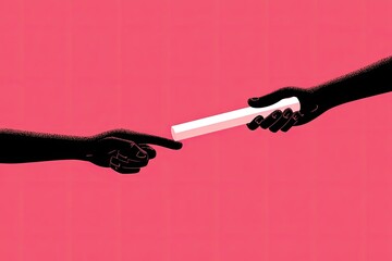 Two hands passing a baton against a vibrant pink backdrop
