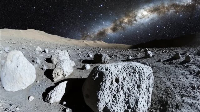 Rocky moon surface under starry night with visible galaxy horizon seamless looping time-lapse animation video background