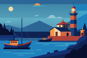 peaceful harbor with fishing boats and a lighthous 