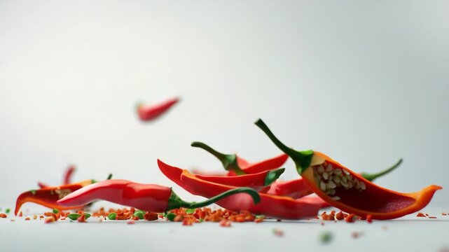 A group of red peppers suspended in mid-air, with no visible support or attachment