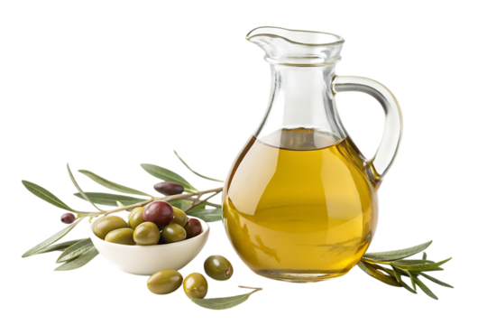 Glass jug with olives  oil PNG Image