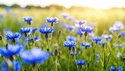 Bright blue flowers in a field at sunset