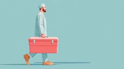 Medical professional in scrubs walking with a bright red organ transport cooler, symbolizing organ donation and life-saving surgery on pastel blue background.