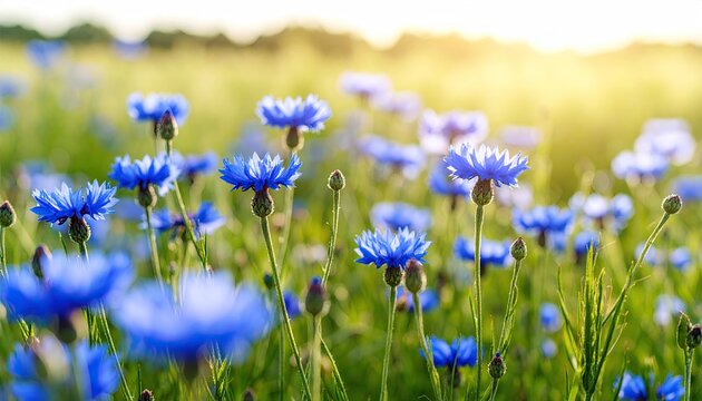 Bright blue flowers in a field at sunset