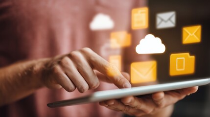 Close-up of a person using a tablet with glowing cloud icons representing data storage, emails, and digital files, symbolizing modern technology and online communication solutions.