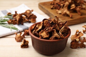 Dried chanterelle mushrooms in bowl on light wooden table, closeup