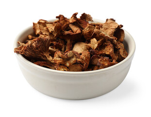 Dried chanterelle mushrooms in bowl isolated on white