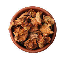 Dried chanterelle mushrooms in bowl isolated on white, top view