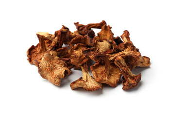 Many dried chanterelle mushrooms isolated on white