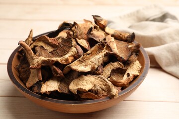 Pieces of dried mushrooms in bowl on light wooden table, closeup