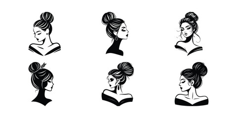 Elegant Woman Bun Hairstyle Vector Illustrations: Chic Black and White Fashion Portraits for Beauty and Style Designs