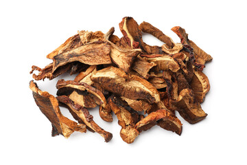 Pieces of dried mushrooms isolated on white, top view