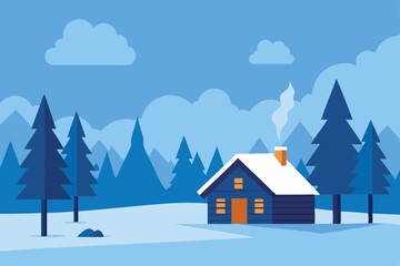 quiet snowy forest with a small log cabin 