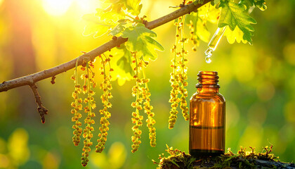 Oak Flower Remedy Bach amber glass bottle sits next to an oak tree Quercus robur, Pipette Drop Dropper Essence, Therapy, sun