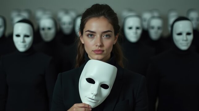 People conceal true emotions with happy masks in artwork about impostor syndrome. Concept Impostor Syndrome, Concealed Emotions, Artwork, Masks in Art, Emotional Deception