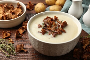 Tasty cream soup with mushrooms and thyme in bowl on wooden table, closeup