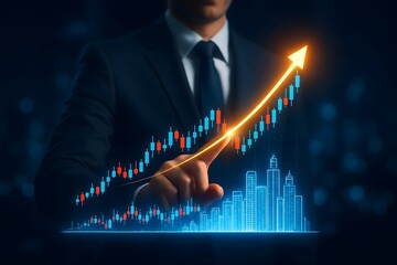 Businessman points to glowing upward trend line on financial stock market graph